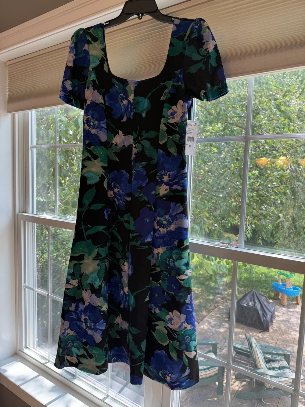 Donna Ricco Black Midi Dress with Blue and Green Floral Print